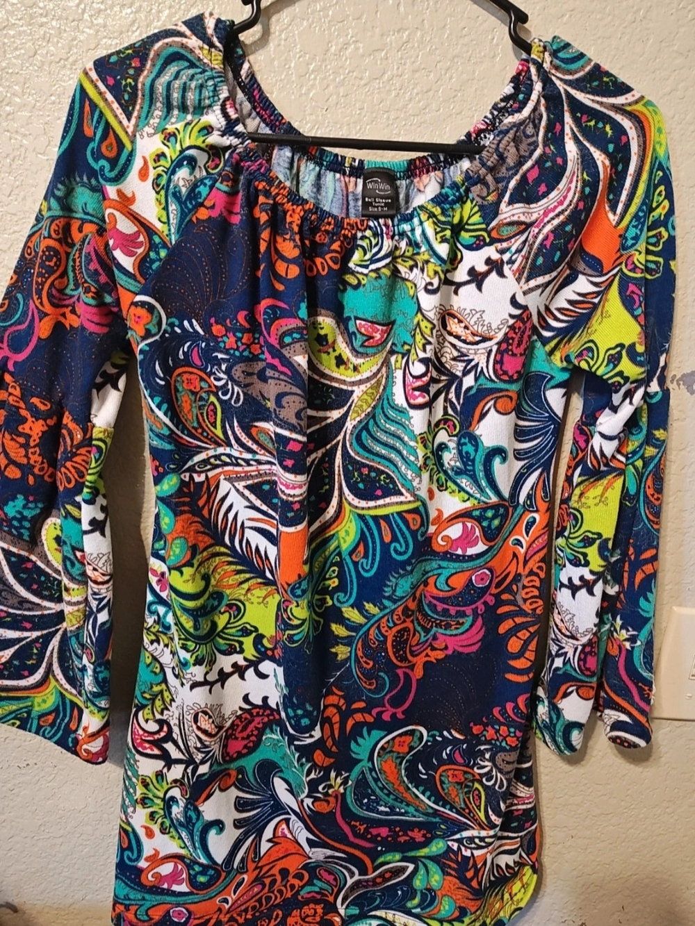 WinWin Navy, Teal, Orange & Lime Paisley Off-Shoulder Tunic